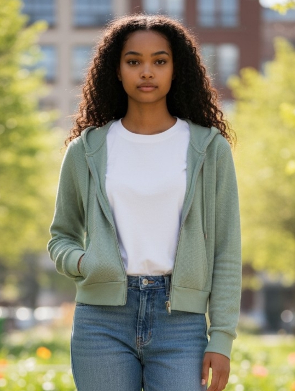 🎉 3/$60 Aritzia TNA Waffle Knit Sage Green Cropped Hoodie Size Small
